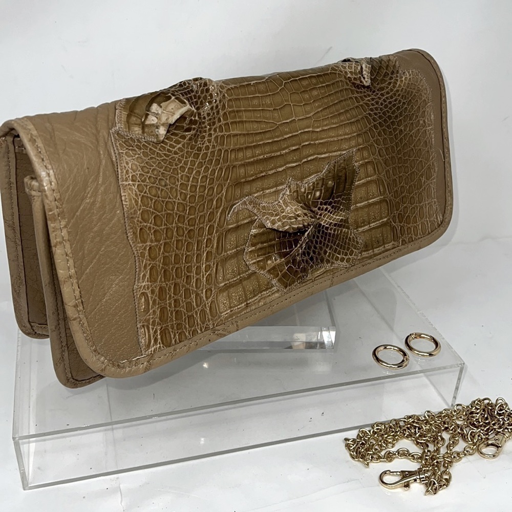 Carlos Falchi Exotic Crocodile Alligator and Leather Snap Envelope Clutch Bag